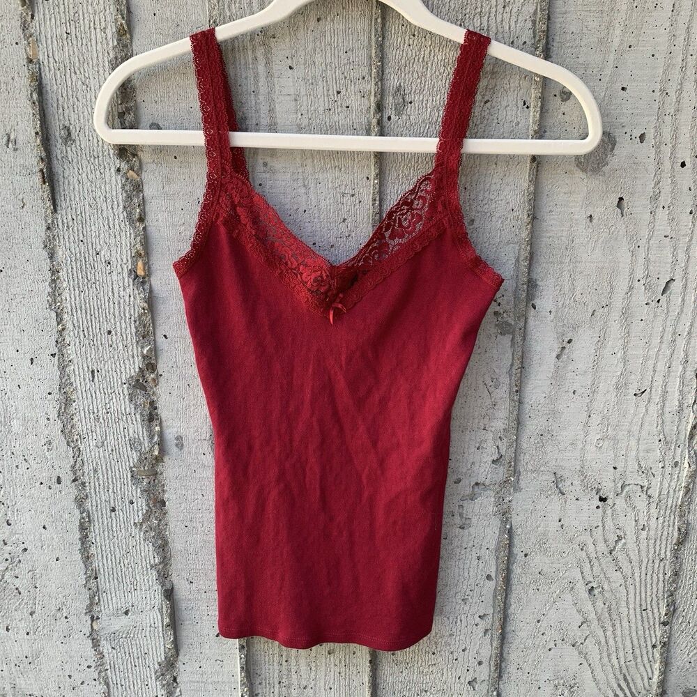 Express Lace Trim Pointelle Red Fitted Cami Tank Dainty Bow Y2K Coquette XS